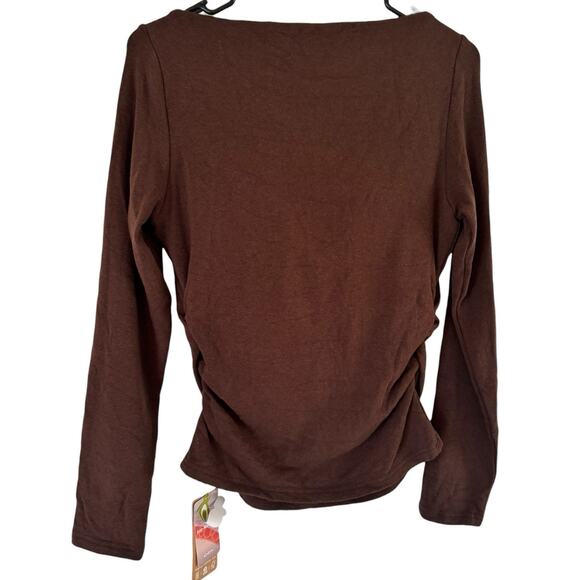 NWT OGL Modern Side Ruched Boatneck Brami Long Sleeve Top Espresso Size Large - Picture 2 of 7